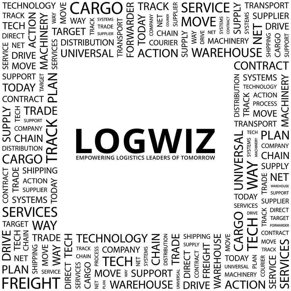 LOGWIZ — Empowering logistics leaders of tomorrow, surrounded by logistics keywords
